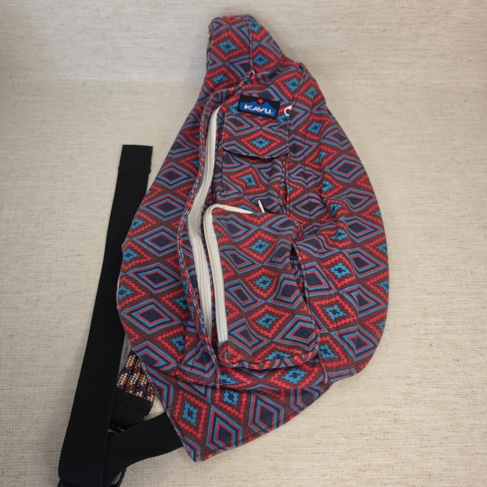 Kavu Rope Bag Geometric Diamond Canvas Sling Crossbody Backpack Red Blue